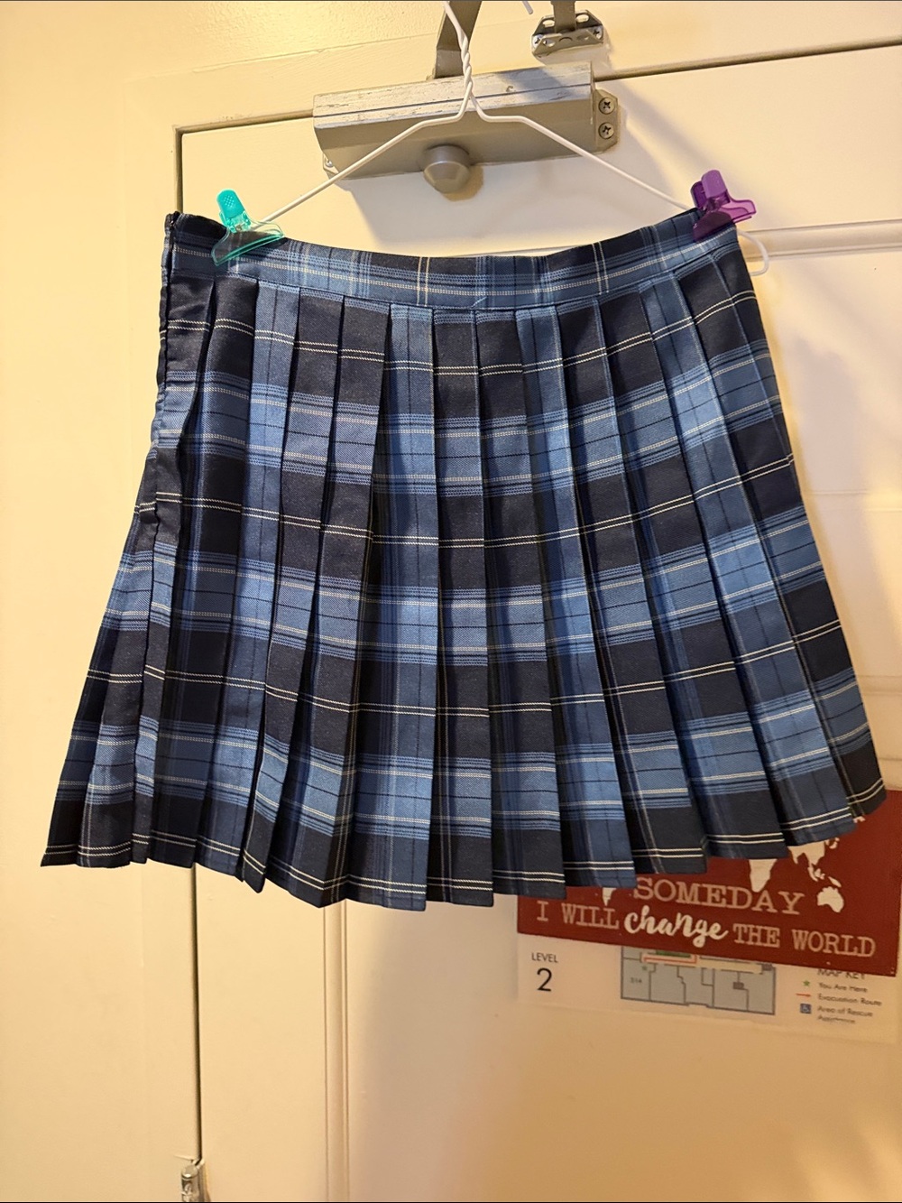 Pleated Mini Skirt in Navy and Light Blue Plaid - Picture 1 of 5